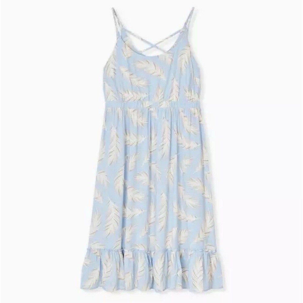Torrid Blue Strappy Feather Print Challis Shirred Hem A Line‎ Midi Dress Size 1X